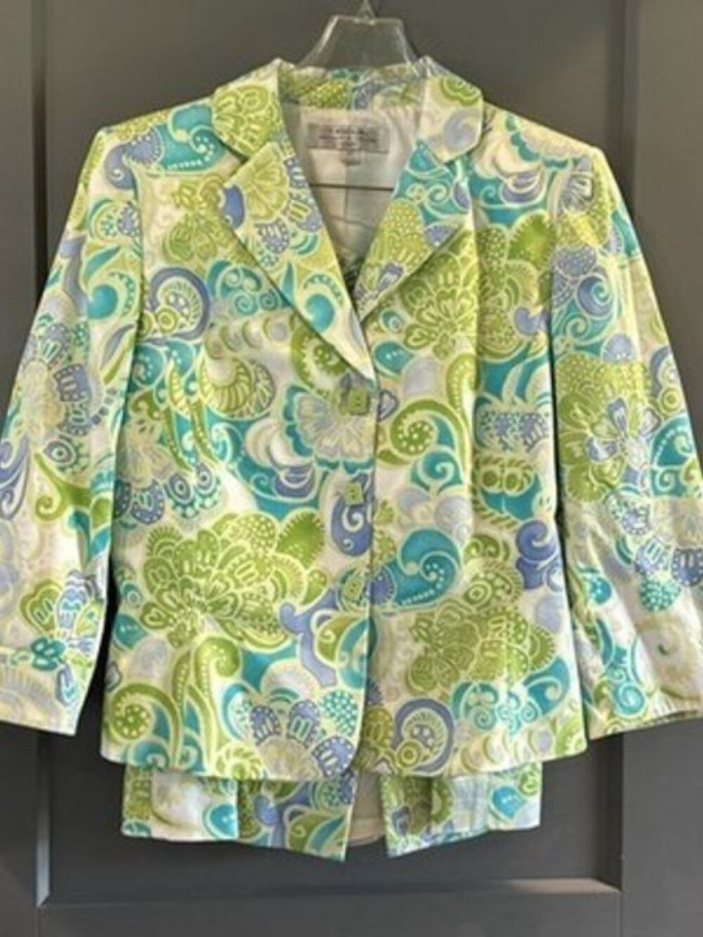 Tahari Arthur S Levine Paisley Blazer Jacket And Skirt Green Blue White Size 12P